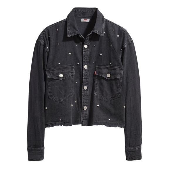 Levi’s Addison Studded Denim Jacket Women’s Small Washed Black Raw Hem Western - Picture 1 of 8